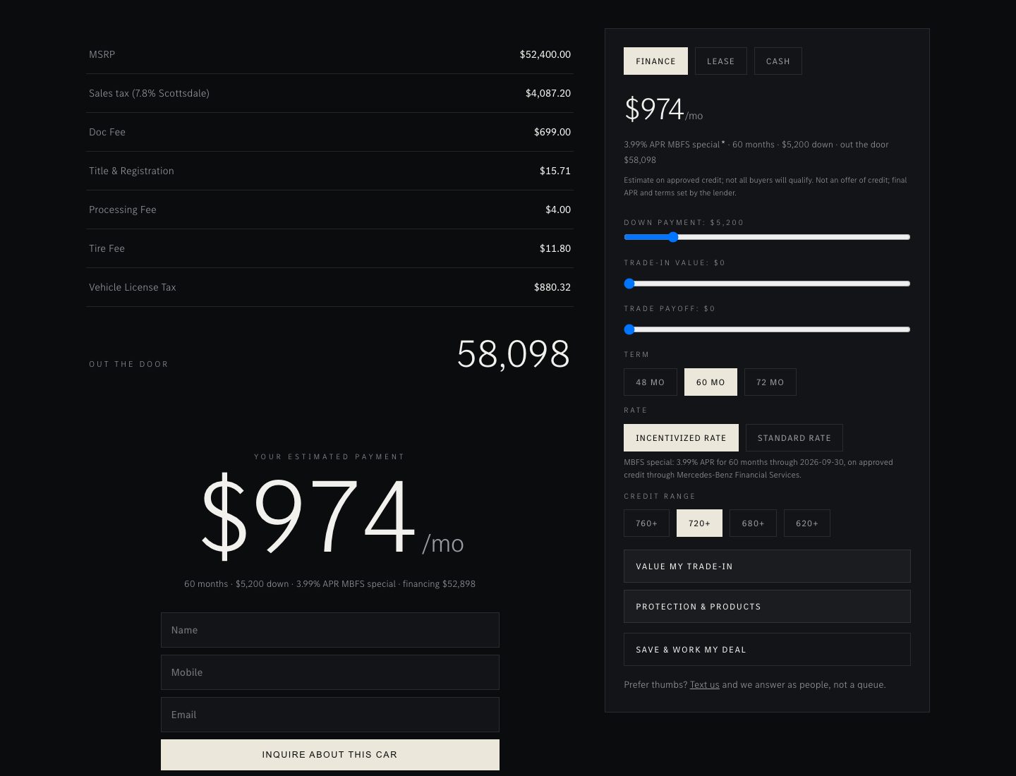 The deal sheet on an Autograph dealer site: itemized price beside a real monthly payment with finance, lease and cash tabs